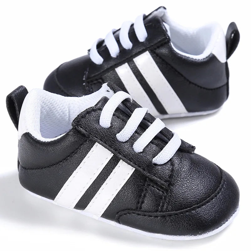 Newborn Baby Boys Shoes for 1 Year Footwear with Striped Infant Casual PU Leather Toddler Soft Sole Girls Sneakers First Walkers