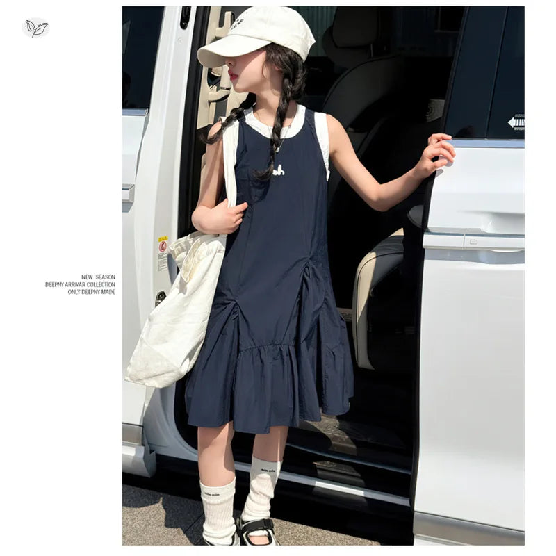 New Summer Girls Princess Dress Kids Sleeveless Dress with Ruffles Design Dresses for Teen Child Casual Vacation Beach Dress