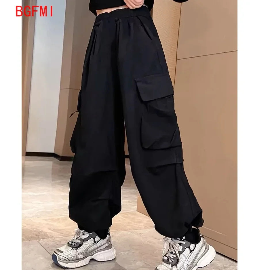 Girls Purple Casual Pants Big Children's Clothing Korean Black Cargo Long Pants Girls 2026 Spring Fashion New Cotton Trousers