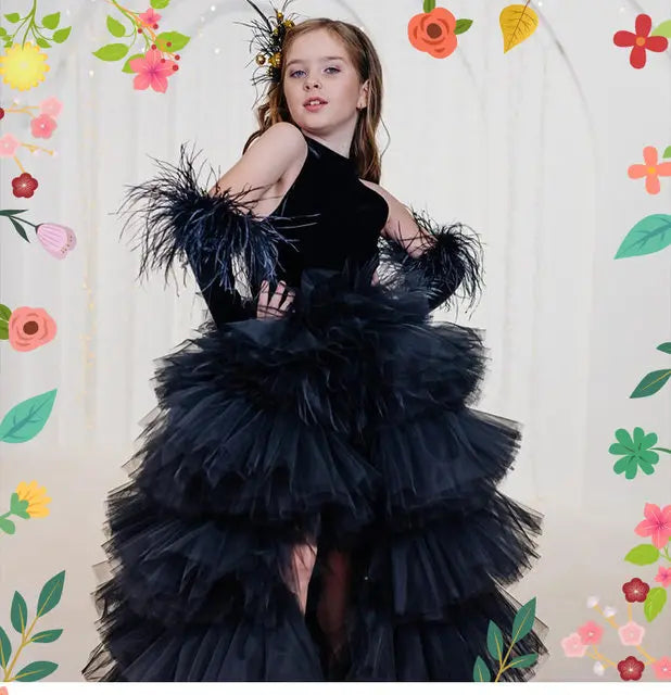 Girls Pageant Dress High Neck Halter Feather Sleeves Tiered Tulle Gown Formal Party Wedding Flower Girl Birthday Costume