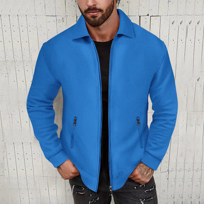Teen Boys New Textured Waffle Zip Up Jacket Men's Casual Long Sleeve Coat With Zipper Pockets