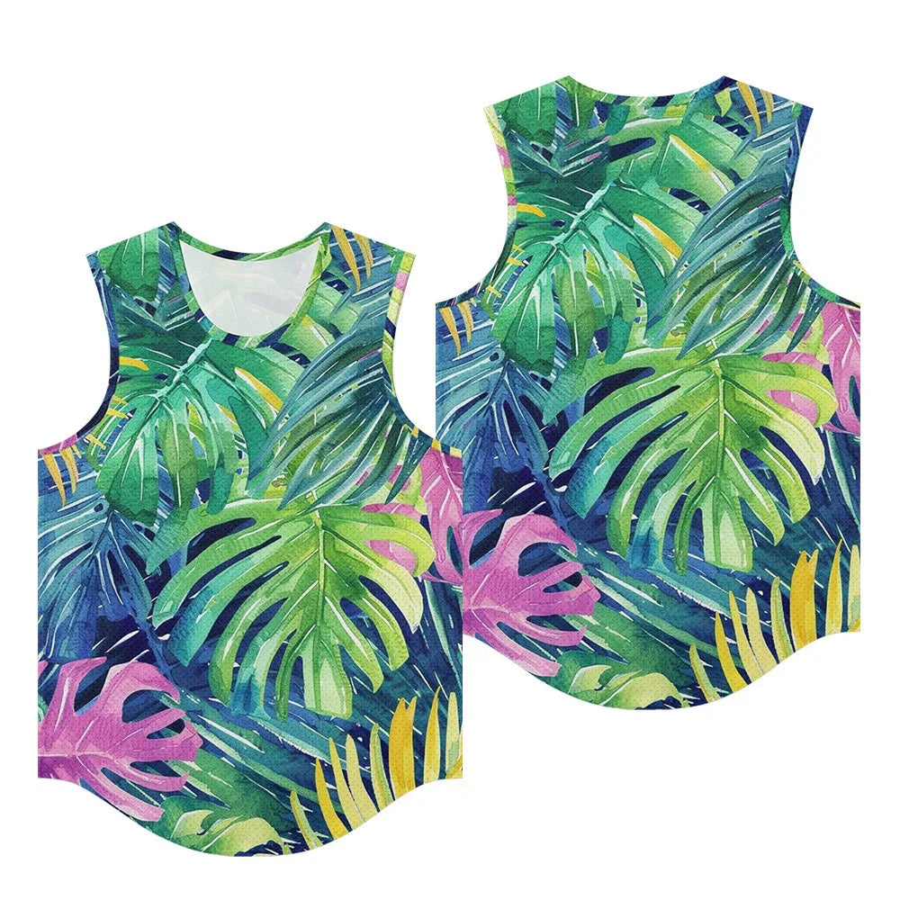 Men Vests Trendy Tropical Monstera Printed Breathable Beach Artistic Essential Tank Top Activewear Sports Oversized Clothing