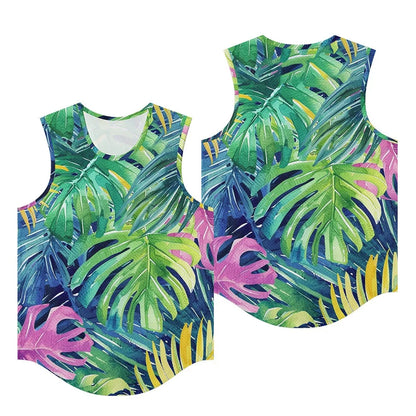 Men Vests Trendy Tropical Monstera Printed Breathable Beach Artistic Essential Tank Top Activewear Sports Oversized Clothing