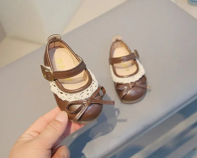 Girls Walking Shoes Sweet Lace Simple Bows 2025 New Baby Princess Shoes Round Toes Kids Leather Shoes Non-slip Soft Sole Flats