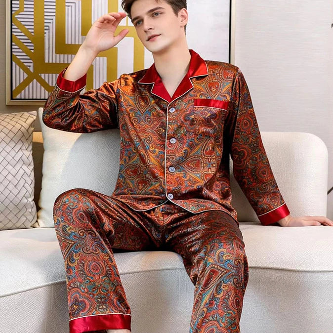 Plus Size Men's Pajamas 2PCS Sleepwear Set Fashion Print Silk Satin Trouser Pijamas Suit Spring New Male Home Clothes Loungewear