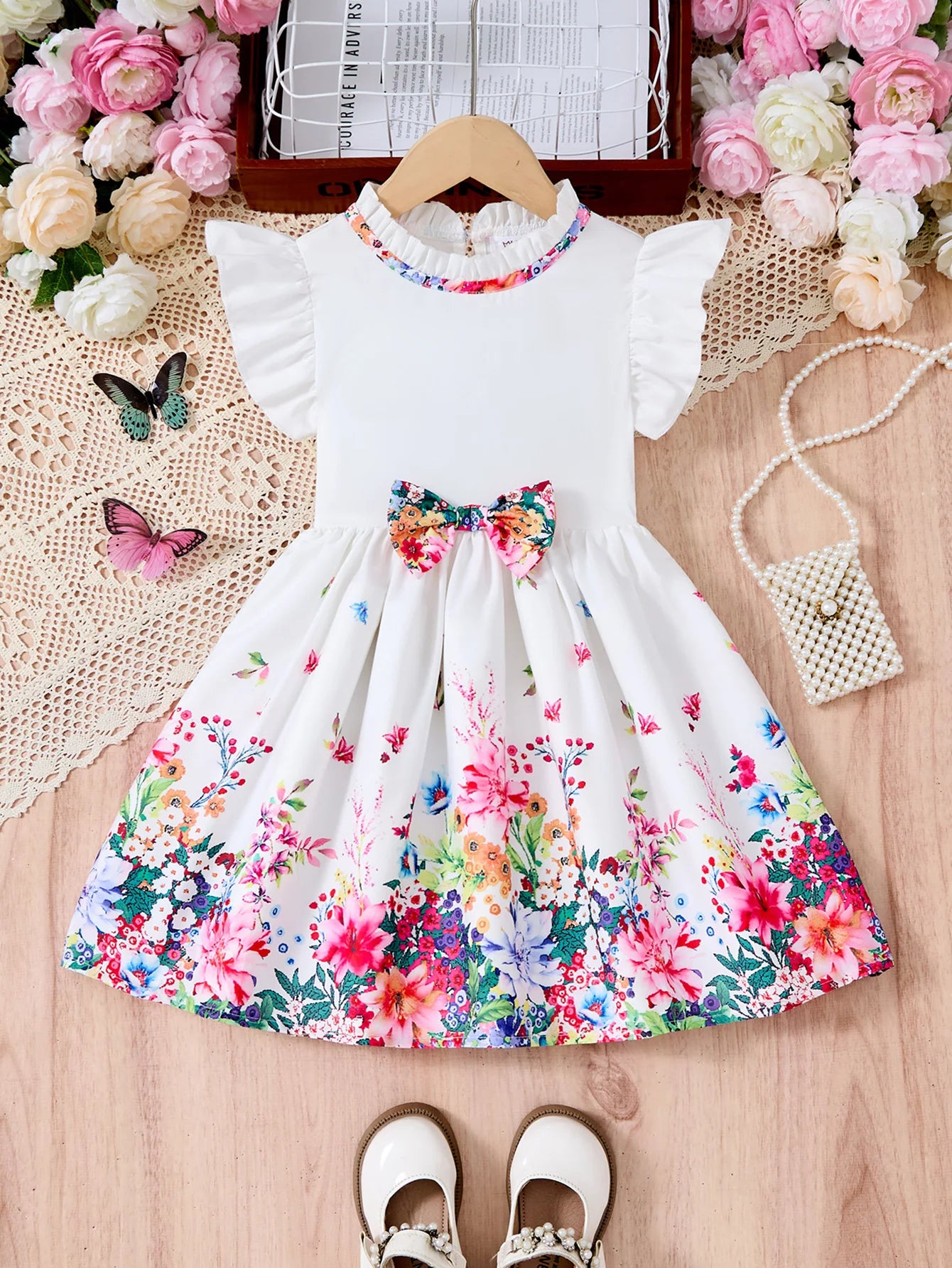 Girls Casual Dresses Denim Print Button Bow Ruffled sleeves Floral Tulle Cute Princess Formal Dresses Children Casual Dresses
