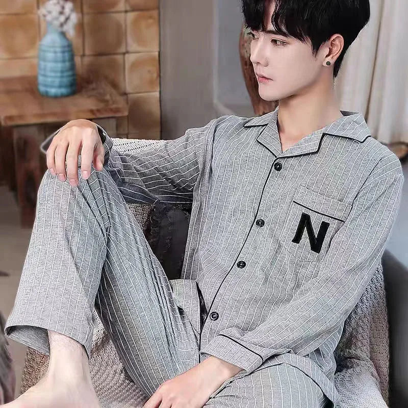 Pajamas Men's Long-Sleeved Spring and Autumn Men's Thin Youth Loose Home Clothes Two-Piece Suit