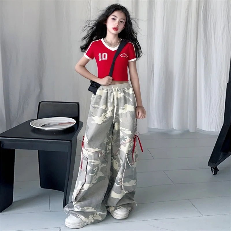 Girls' camouflage pants trendy wide leg pants spring&autumn New fashion big children's Korean version work pants Kids trousers