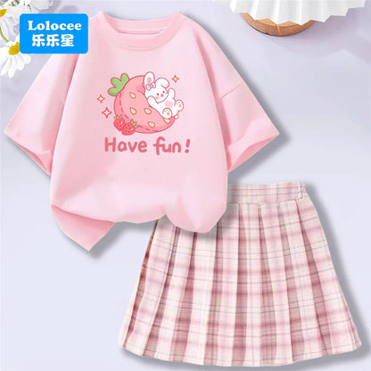 Girls' Trendy School Outfit - Cartoon Music Guitar Rabbit Print Tee + Plaid Skirt Two-Piece Set Teenage Girls Clothes Set