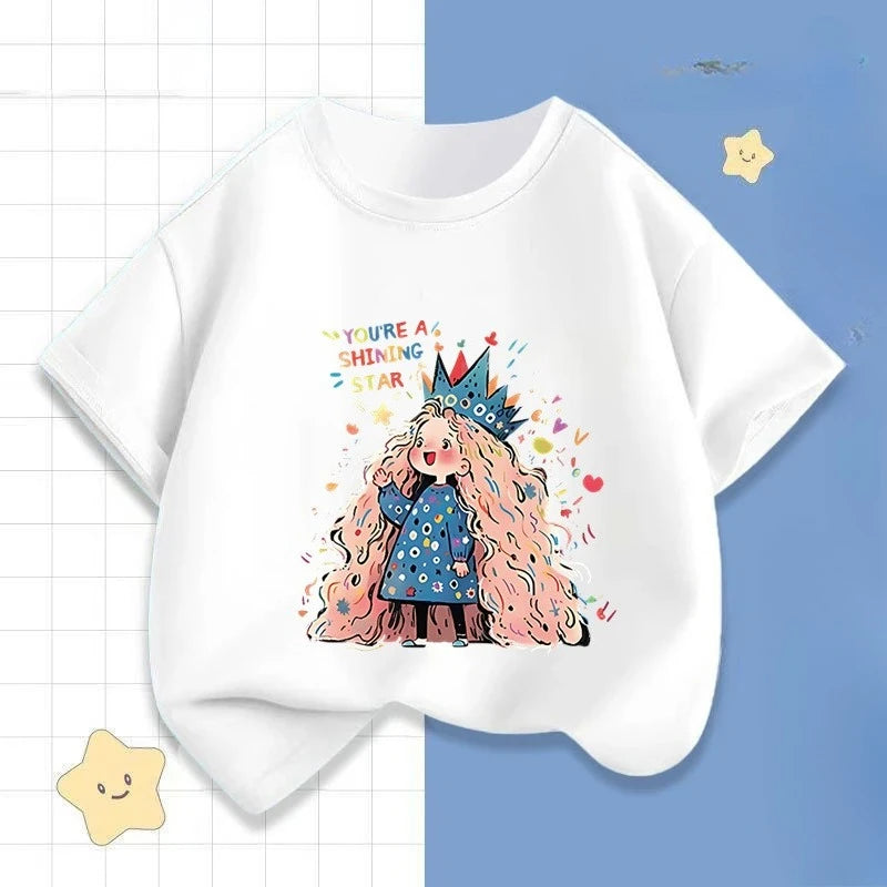 Girls' Summer Cartoon Short-sleeved T-shirt, New Round Neck Color-blocking Half-sleeved Little Girls' Printed Casual Top In