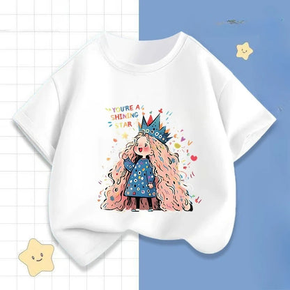 Girls' Summer Cartoon Short-sleeved T-shirt, New Round Neck Color-blocking Half-sleeved Little Girls' Printed Casual Top In