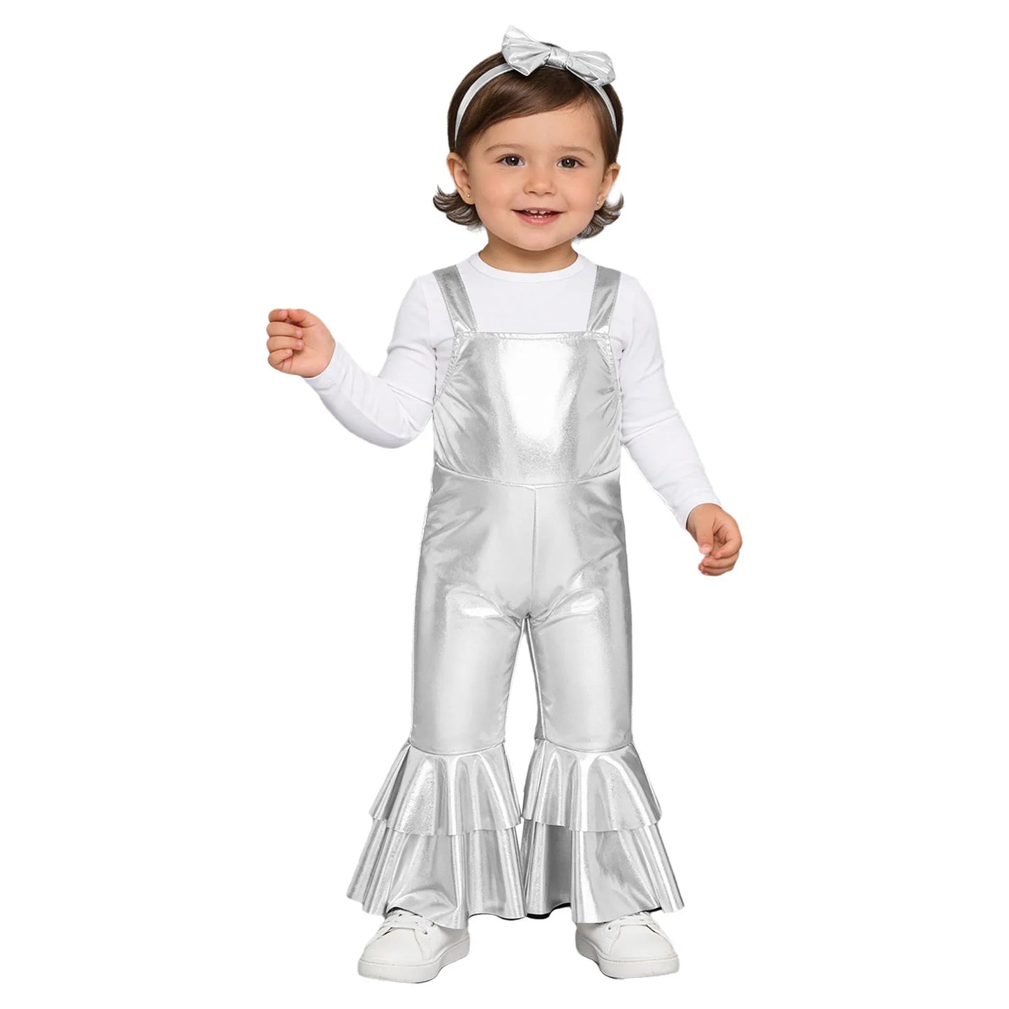 Baby Girls Clothes Birthday Party Metallic Bell Bottoms Romper Djustable Straps Bow Overalls with Headwear Photo Shoot Outfit
