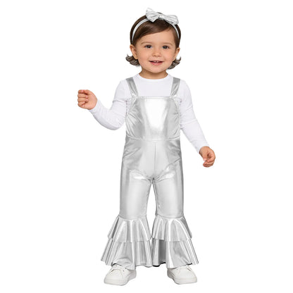 Baby Girls Clothes Birthday Party Metallic Bell Bottoms Romper Djustable Straps Bow Overalls with Headwear Photo Shoot Outfit
