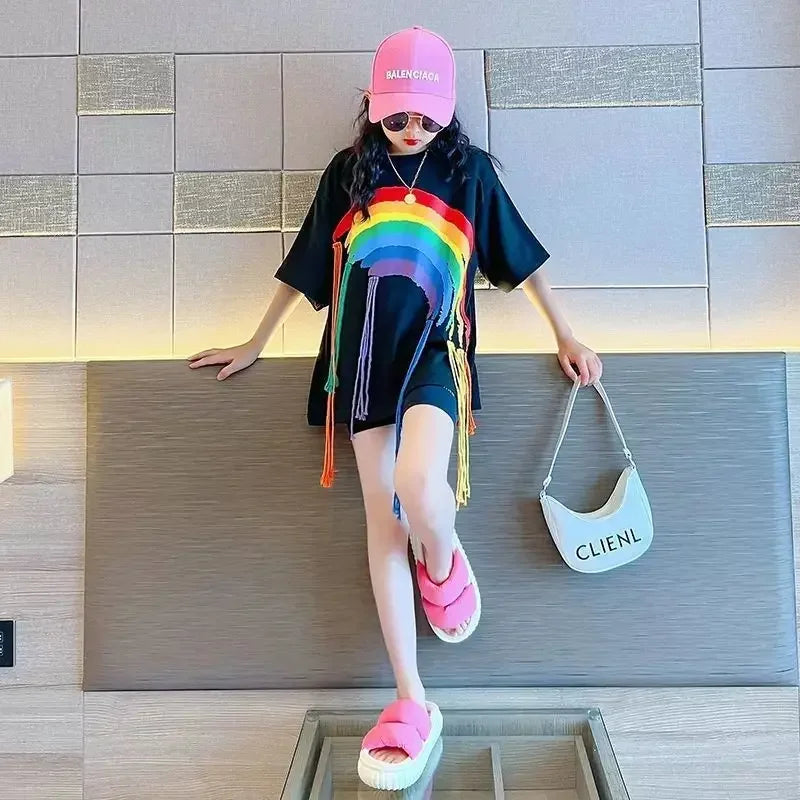 2025 New Girls' Summer T-shirt Fashion Hip Hop Street Dance Style Rainbow Braid Girls Wear Mid length Style in Summer