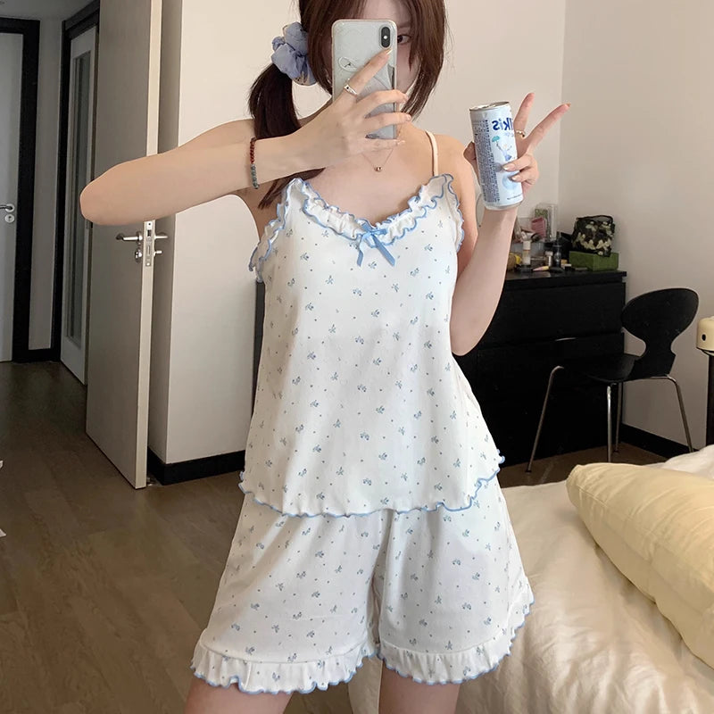 Girls Sweet Floral Pajamas Female With Chest Pad Camisole Vest Home Wear Suit