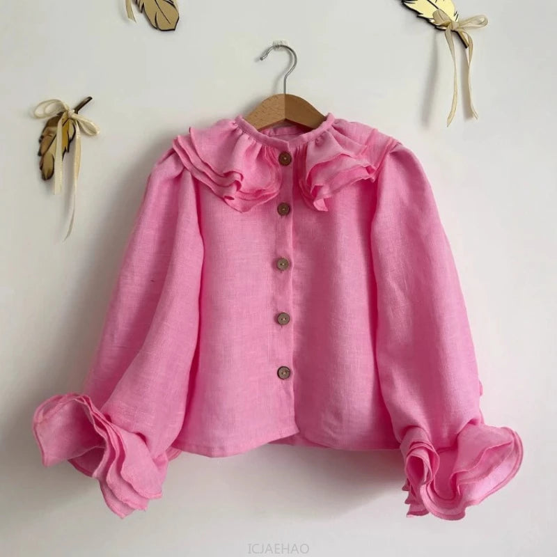 Teen Girl Clothes Kids French Style Girls Linen Blouse Layered Lace Shirt Versatile Kids Long Sleeve Top Costume Spring Autumn