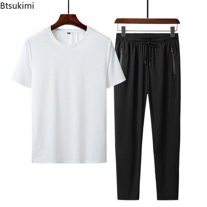 Summer Sports Suit Men's Trendy Short Sleeved Pants Two-piece Set Solid Color Casual Ice Silk Mesh Air-conditioned Pants for Men