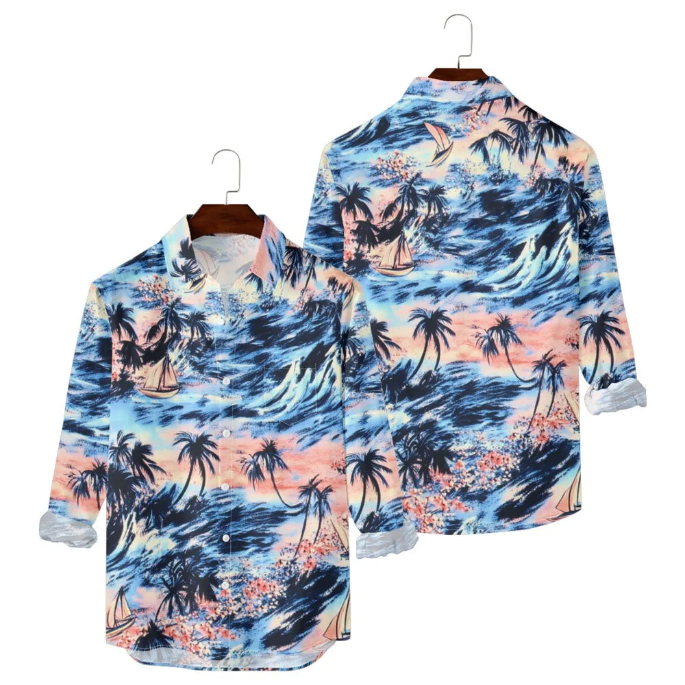 Hawaiian Men Shirts Sunset Oasis Palms Print Full Sleeve Streetwear Button Up Casual Beach to Bar Parties Poolside Shirt Pocket
