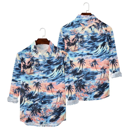 Hawaiian Men Shirts Sunset Oasis Palms Print Full Sleeve Streetwear Button Up Casual Beach to Bar Parties Poolside Shirt Pocket
