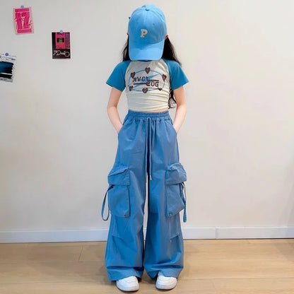 Girls Cargo Pants Spring Children Straight Wide-leg Pockets Pants Summer Teenager Fashionable Loose Trousers 5-14 Years Old