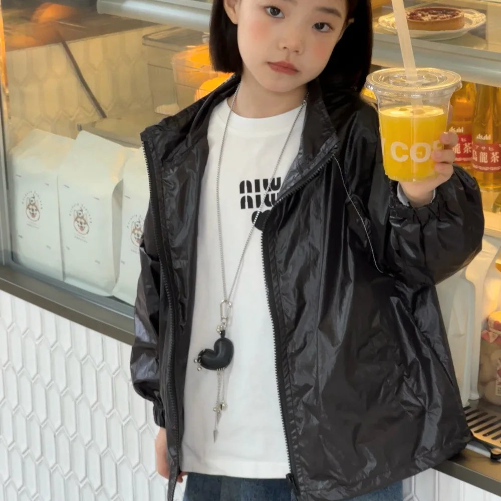 2025 Autumn New Girls Coat Children Korean Embroidered Letter Coat Girls Trendy Cool Turn-down Collar Jacket Trendy