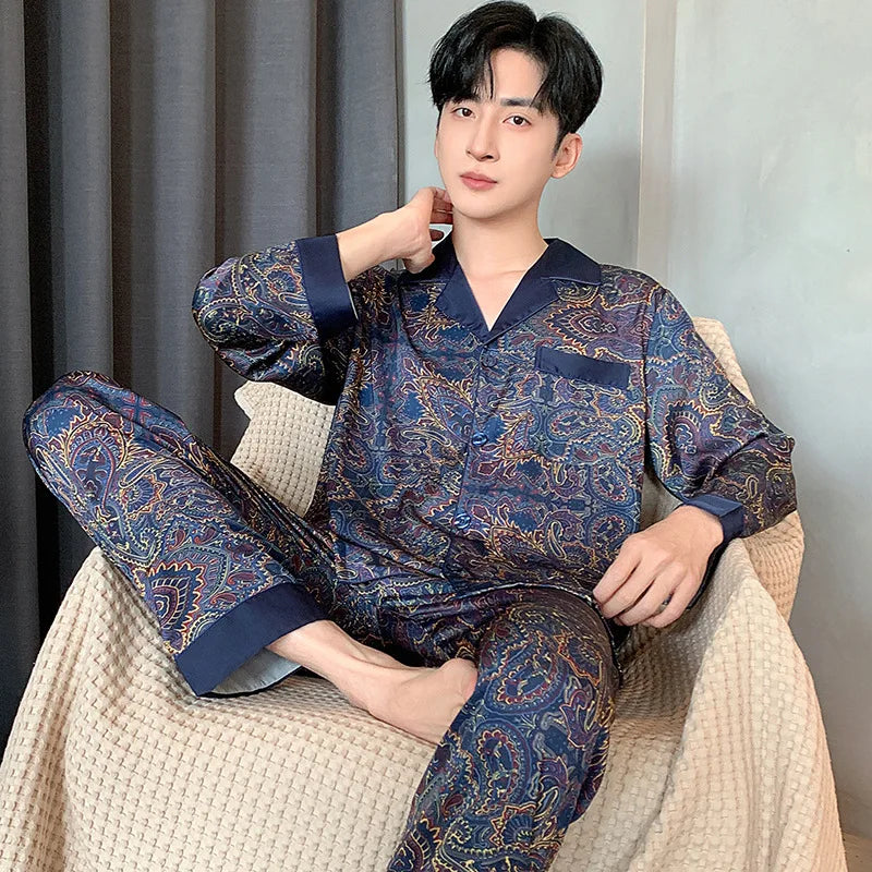 Large Size 3XL Men Pajama 2Pcs Set Summer New Short Sleeve Shorts Pijamas Suit Loose Ice Silk Satin Sleepwear Male Home Clothes
