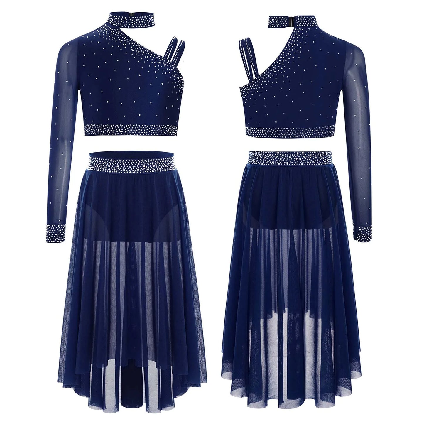 Girls Lyrical Dance Set Rhinestones Tops One Shoulder Crop Top with Side Slit Irregular Mesh Skirt Modern Contemporary Dancewear