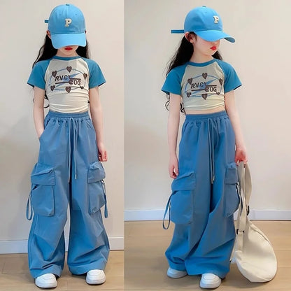 Girls Cargo Pants Spring Children Straight Wide-leg Pockets Pants Summer Teenager Fashionable Loose Trousers 5-14 Years Old