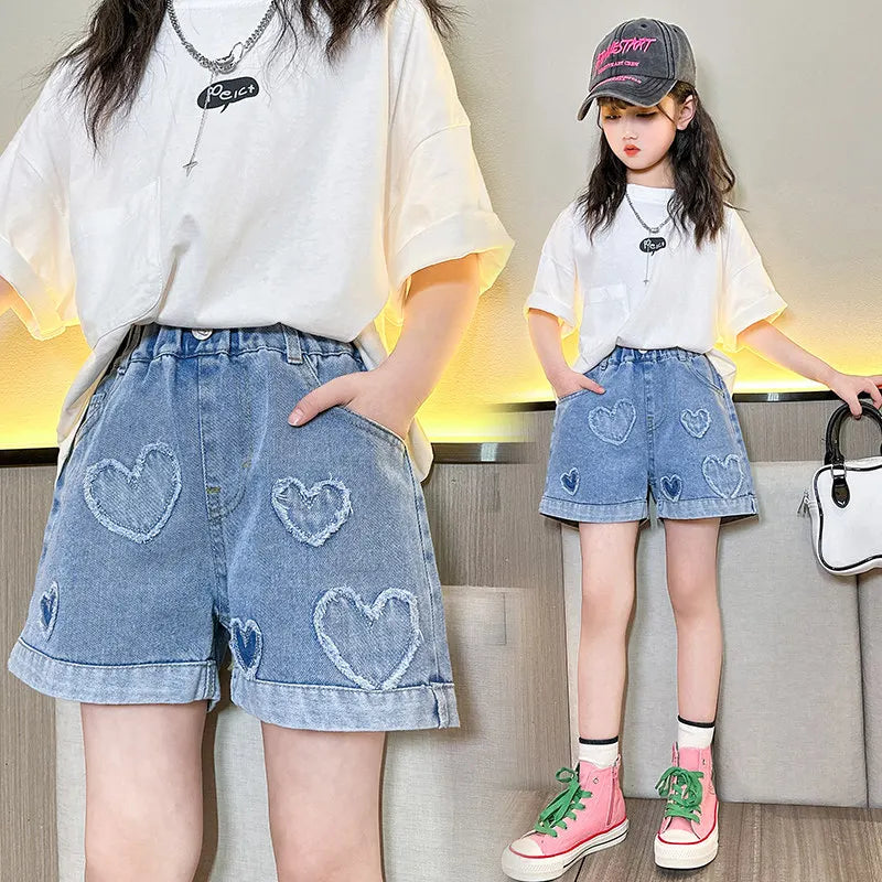 Girls Shorts with Heart Pattern High Waist Summer Hot Deals Teenage Child Fashion Jeans Kids Short Trousers Clothes 5-14Year Old