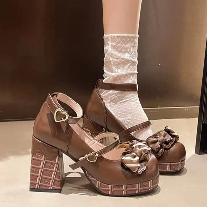 2025 New Sweet Girls Lolita High Heels Platform Shoes Young Women Students Cute Chocolate Candy Bowknots Ankle Strap Mary Jane