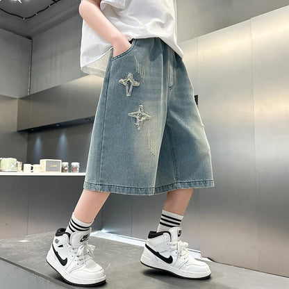 Boy Star  Jeans 2025 Summer New Product Fashion Boys Denim Mid-Pants Children's Casual Cropped Pants 5-15 Years Old