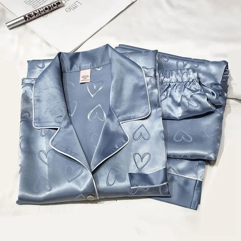 Girls' faux ice silk pyjamas, ladies' long-sleeved lace green premium feeling two-piece set of sweet loungewear, love blue cloth