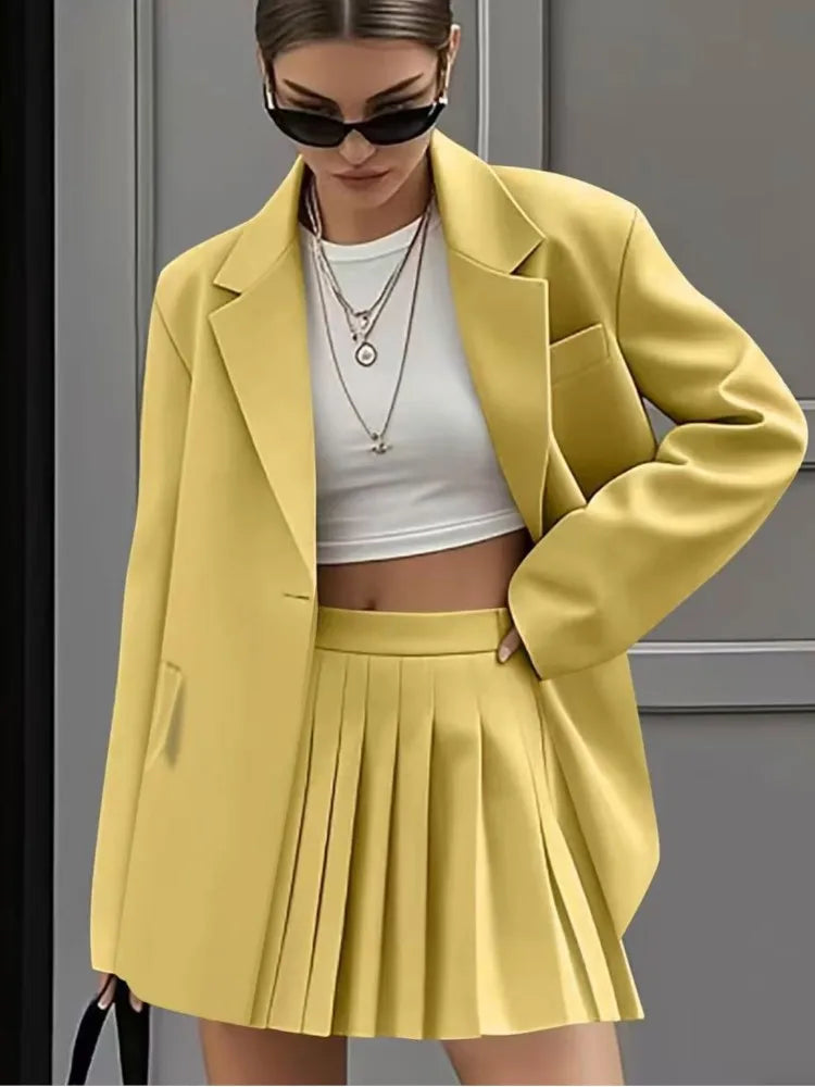 Women's New Fashion Casual Two-Piece Sets Pleated Skirt Suits Women Spring Autumn Office Ladies Solid Suit Coat And Skirt Set