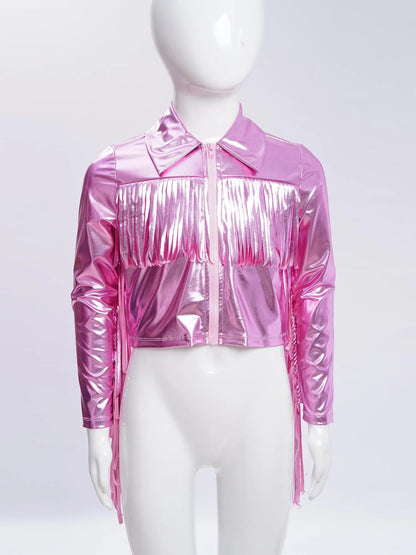 Kids Girls Long Sleeve Casual Sports Bomber Jackets Jazz Hip-hop Street Dance Costume Boys Shiny Metallic Baseball Outwear Coats