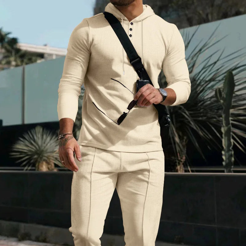 New Men's Casual Suit Outdoor European and American Hooded Solid Color Long Sleeve Trousers Suit