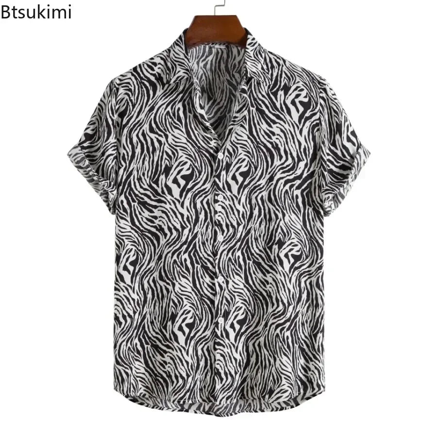 2026 New Hawaiian Beach Wear Men's Zebra-stripe Short Sleeve Shirts Fashion Laple Button Up Casual Blouse Summer Streetwear Male