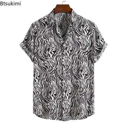 2026 New Hawaiian Beach Wear Men's Zebra-stripe Short Sleeve Shirts Fashion Laple Button Up Casual Blouse Summer Streetwear Male