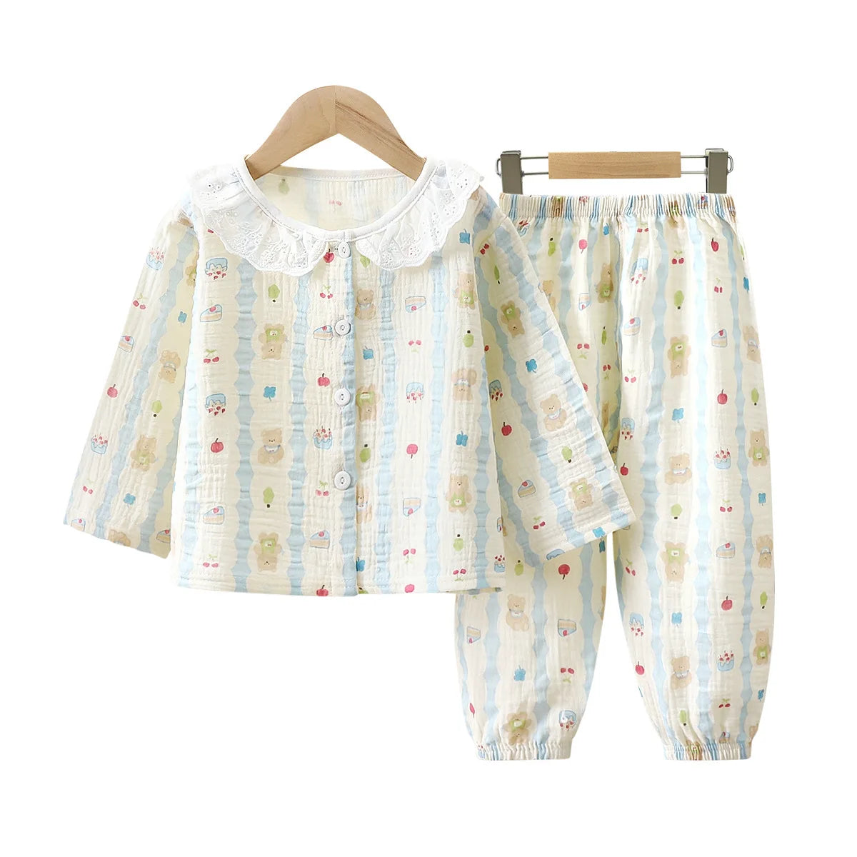 2Pcs Girls Summer Cotton Gauze Thin Pajamas Home Wear Cartoon Floral Print Long Sleeve Lace Trimmed Sleepwear Baby  Clothing Set