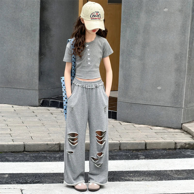 Teenage Girls Clothing Sets 2026 New Grey Fashion Short Sleeve Top+Hole Pants 2Pcs Summer Children Outfits for 5 To 14Years Old