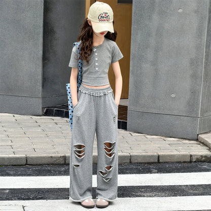 Teenage Girls Clothing Sets 2026 New Grey Fashion Short Sleeve Top+Hole Pants 2Pcs Summer Children Outfits for 5 To 14Years Old