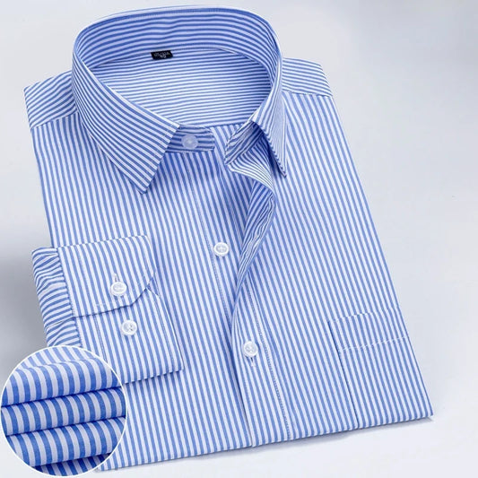 Business Dress Shirt Men's Long-sleeve Autumn Spring Fashion Solid Casual Formal White Work Office Simple Basic Man Clothe S-7XL