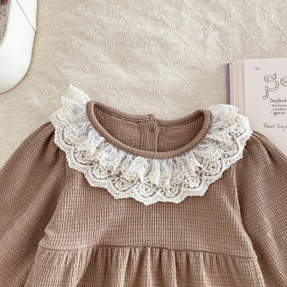 Baby Girls Clothes Toddler Autumn Winter Long Sleeve Lace Romper With Headwear For Infant Homewear Jumpsuit Baptism Overall