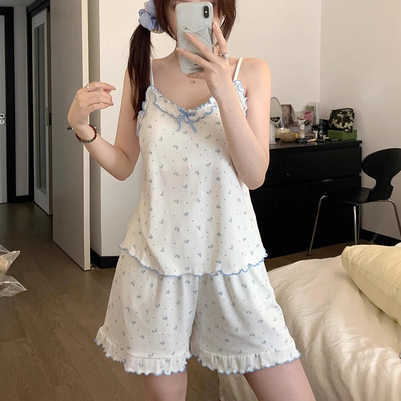 Girls Sweet Floral Pajamas Female With Chest Pad Camisole Vest Home Wear Suit