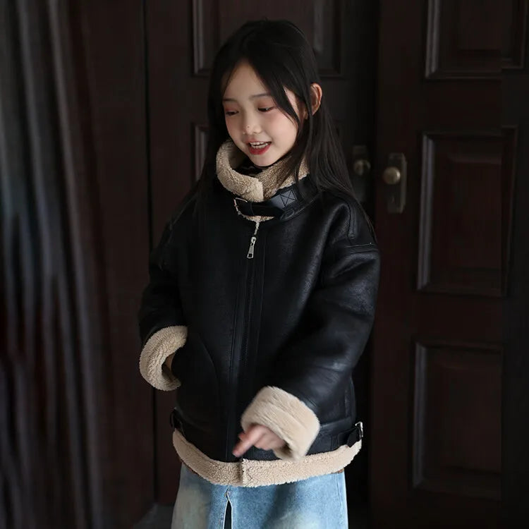 2026 Winter Kids Suede Leather Jacket Boys Girls Faux Fur Coat Thick Warm Fleece Outerwear Teen Children Top Clothes 2-15 Years