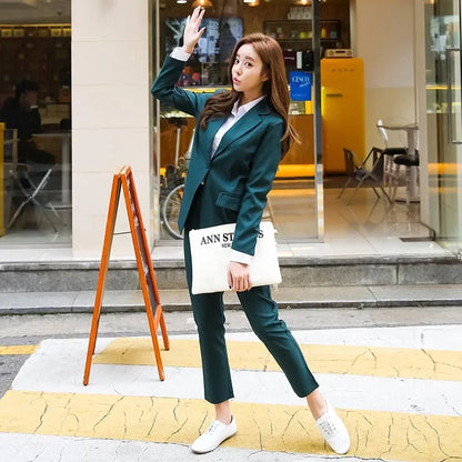 New Arrived Women Suit Fashion Slim Business Office OL Dark Green Jacket Set Formal Blazer + Pants Suits Feminino Female