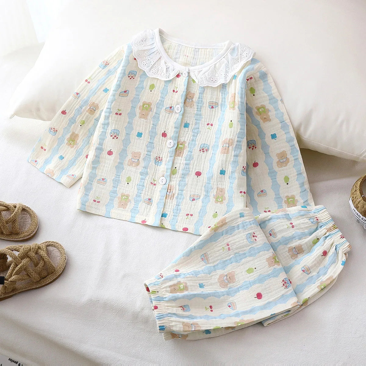 Girls Summer Thin Pajamas Homewear Cute Cartoon Floral Print Long Sleeve Lace Trimmed Sleepwear Baby Boys Casual Clothing Sets