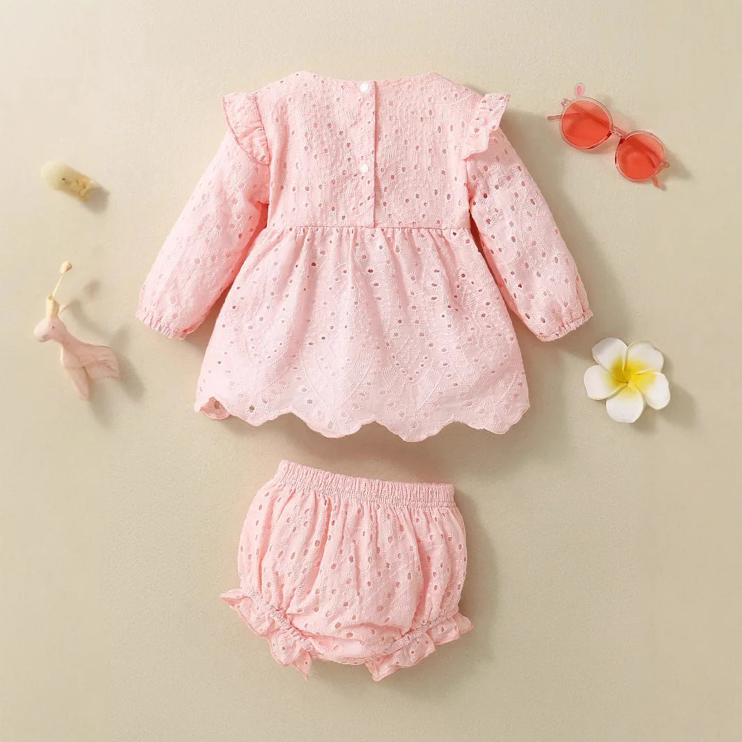 Baby Girls Clothes Set Spring Summer Toddler Solid Color Round Neck Long Sleeve T-Shirt Tops And Elastic Casual Ruffle Shorts