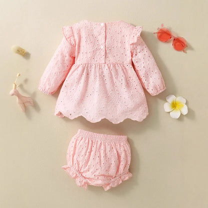 Baby Girls Clothes Set Spring Summer Toddler Solid Color Round Neck Long Sleeve T-Shirt Tops And Elastic Casual Ruffle Shorts
