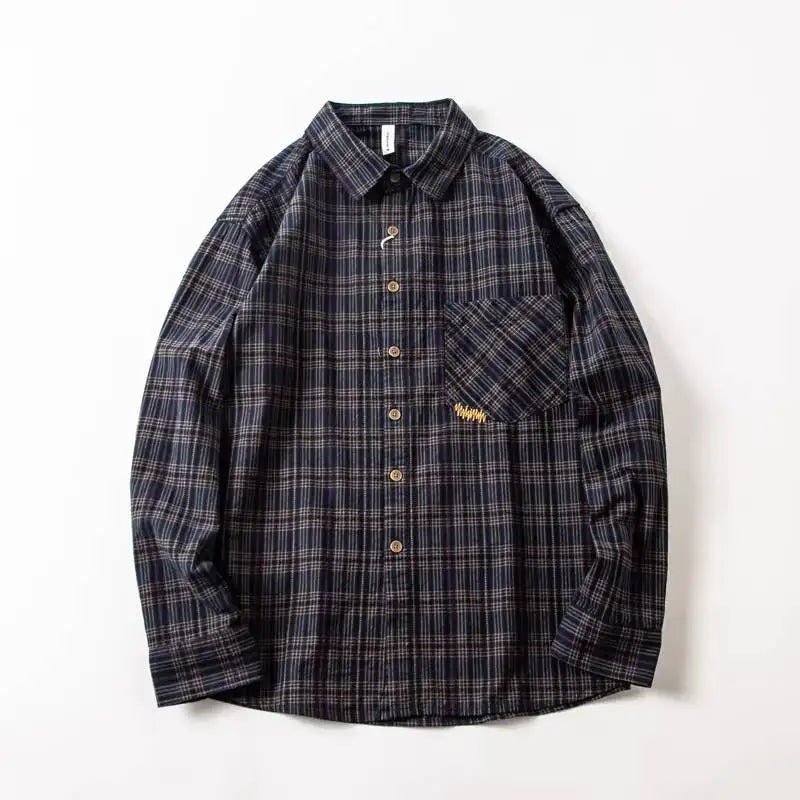 Men's Casual Washed Cotton Plaid Dress Shirt Japanese Retro Embroidered Long Sleeve Spring Autumn Male Button Down Tops Shirts