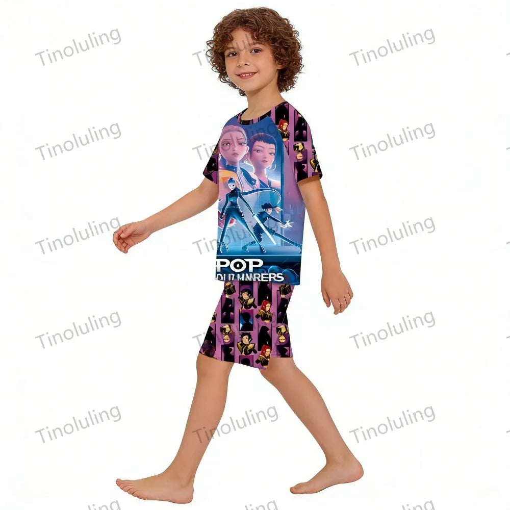 Girls Pajamas Sets Kids Toddler 3 to 8 10 11 12 Years Kpop Demon Hunters Summer Pjs Tops+Shorts Two Pieces Pijamas Sleepwear Set